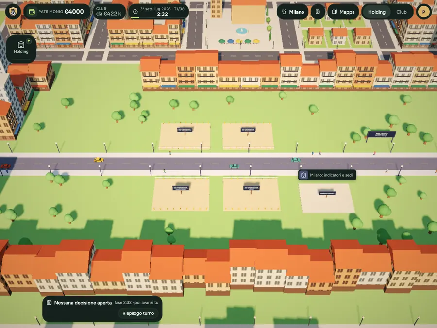 Empire – Football Tycoon: Milano vista dall’alto in 3D low poly, con i lotti in vendita lungo il viale e il patrimonio in alto.