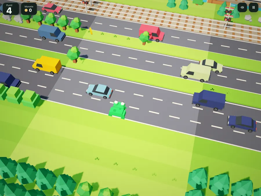 Rana: la rana verde sul bordo di una strada a più corsie, tra auto e furgoni, in 3D low poly.